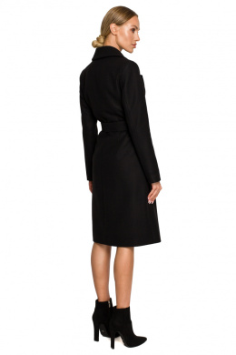Płaszcz damski flauszowy klasyczny bez zapięcia wiązany czarny me708
