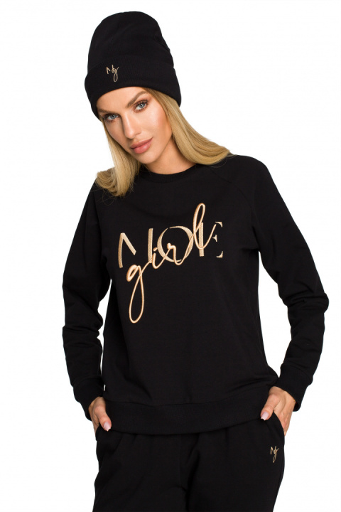 Czapka damska beanie prążkowana z haftem dzianinowa czarna me709 Czapka damska beanie prążkowana z haftem dzianinowa czarna me709