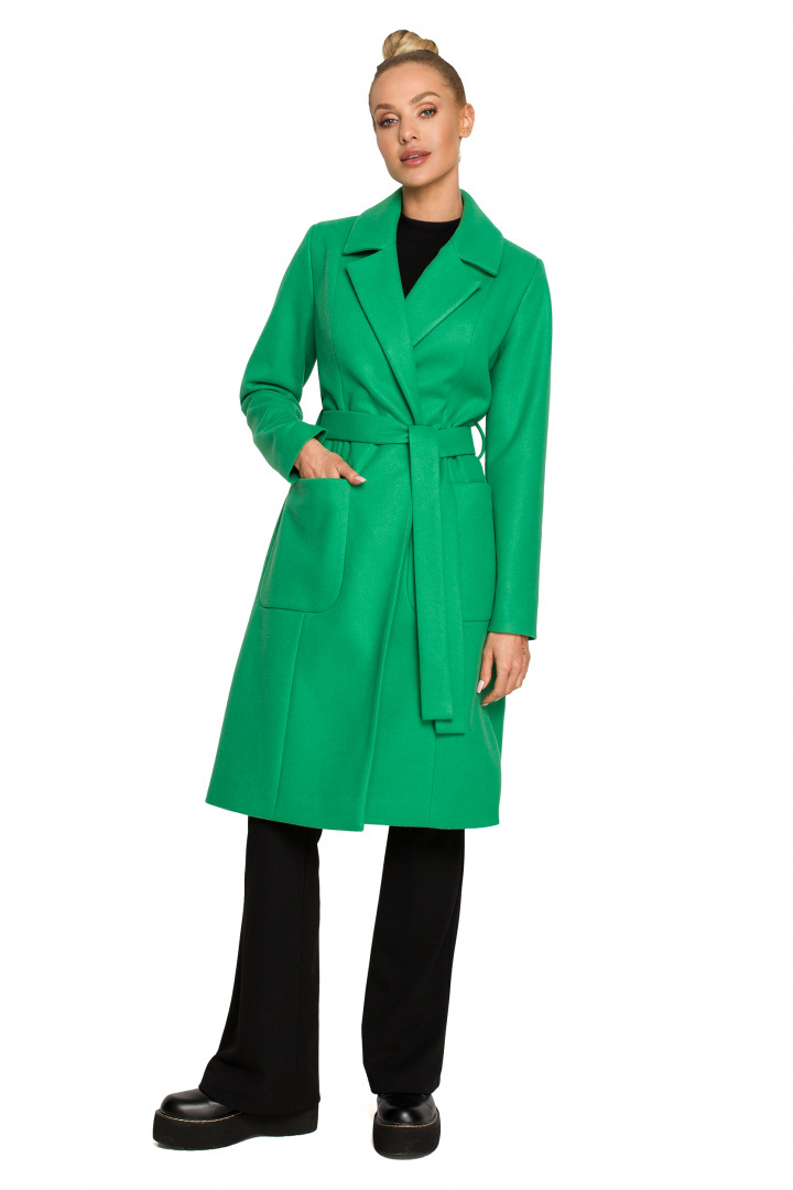 Płaszcz damski flauszowy klasyczny bez zapięcia wiązany zielony me708