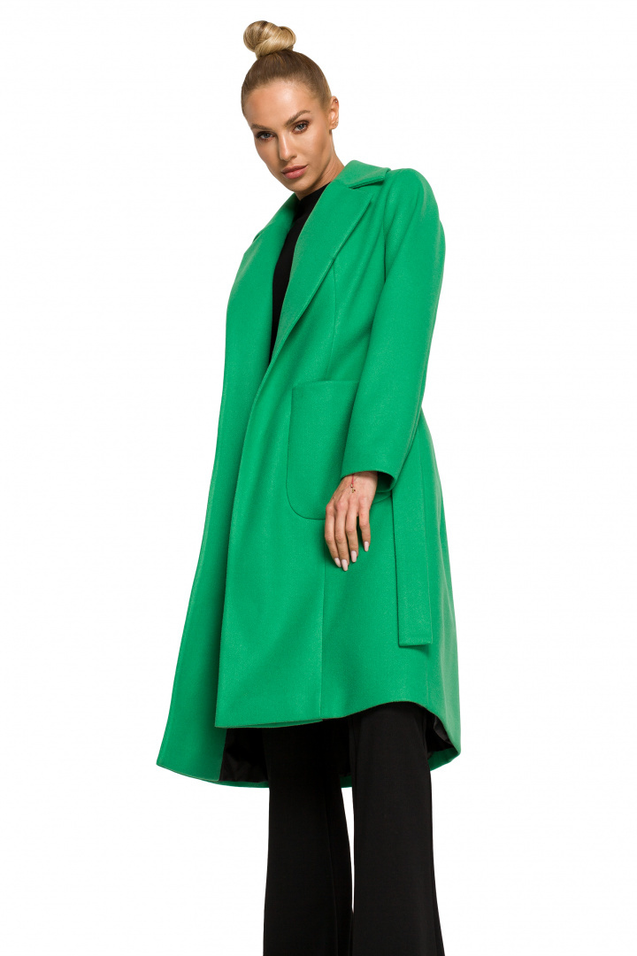 Płaszcz damski flauszowy klasyczny bez zapięcia wiązany zielony me708