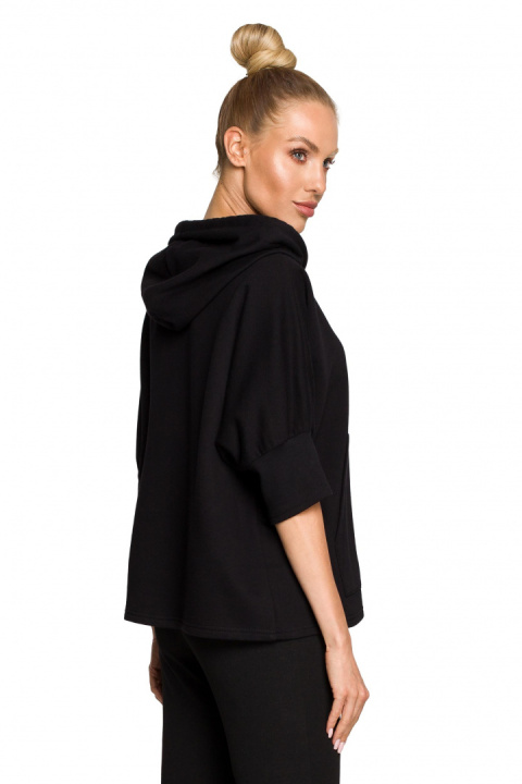 Bluza damska trapezowa z kapturem kieszeń kangurek czarna me689 Bluza damska trapezowa z kapturem kieszeń kangurek czarna me689