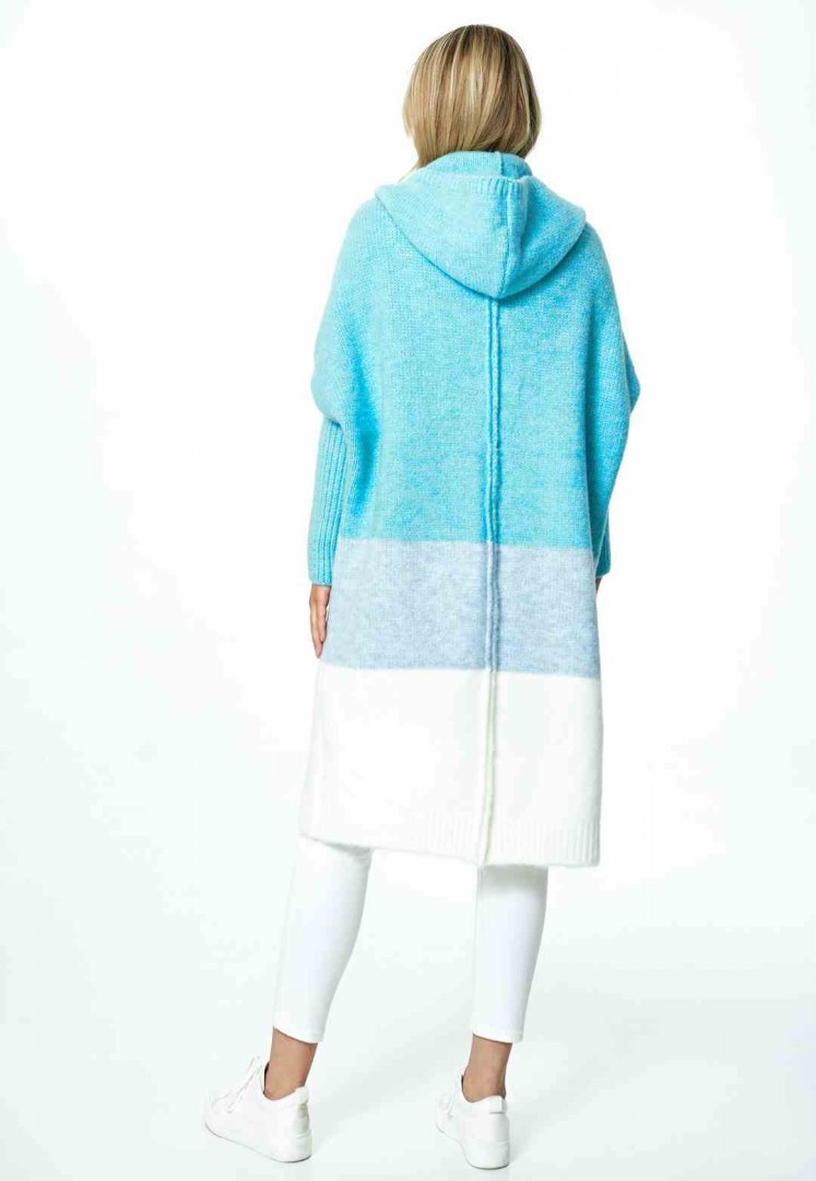 Sweter damski długi w pasy z kapturem bez zapięcia błękitny M883 Sweter damski długi w pasy z kapturem bez zapięcia błękitny M883