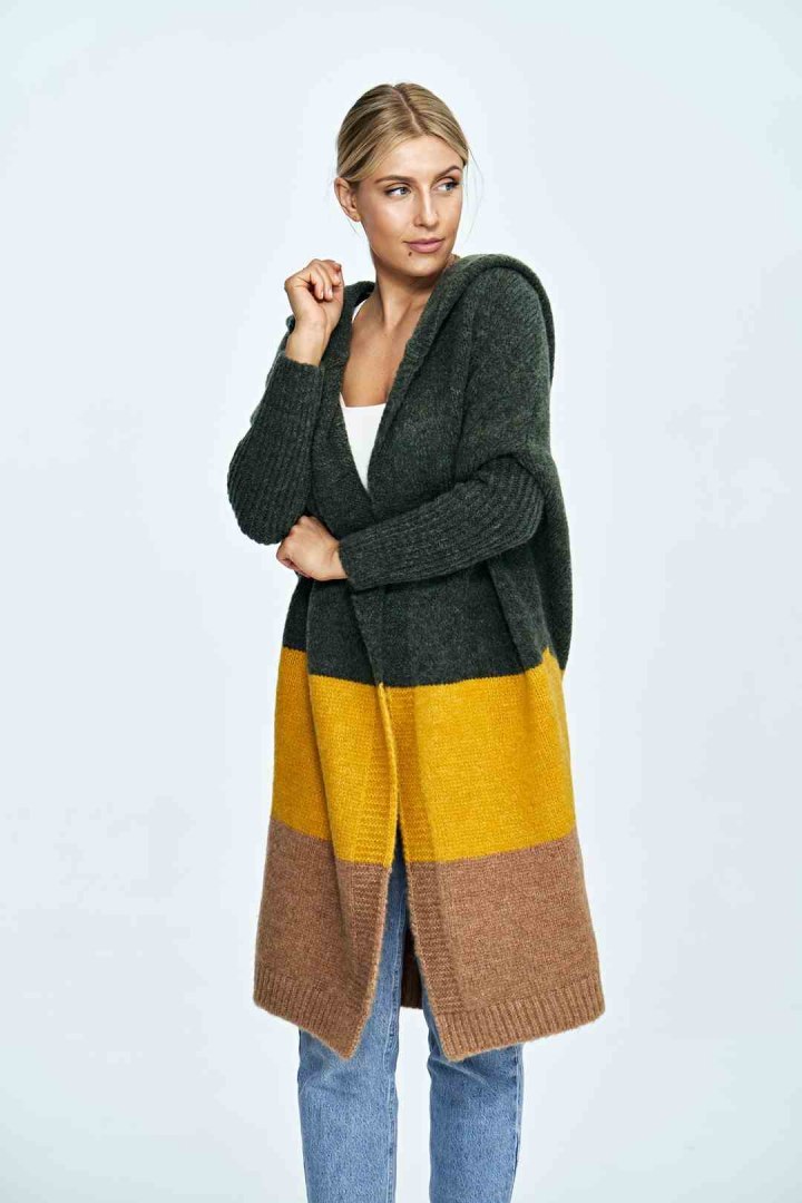 Sweter damski długi w pasy z kapturem bez zapięcia ciemna oliwka M883 Sweter damski długi w pasy z kapturem bez zapięcia ciemna oliwka M883