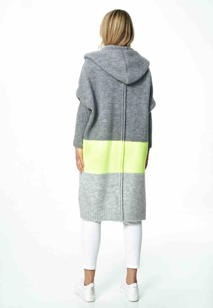 Sweter damski długi w pasy z kapturem bez zapięcia szary M883 Sweter damski długi w pasy z kapturem bez zapięcia szary M883