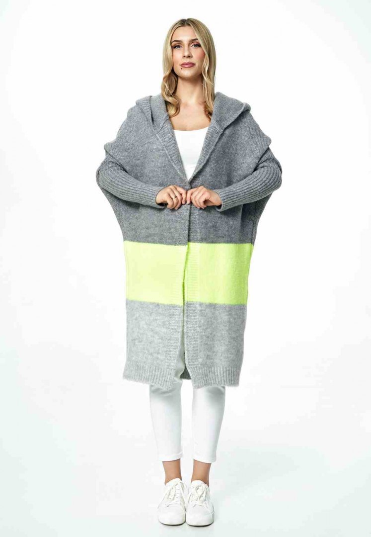 Sweter damski długi w pasy z kapturem bez zapięcia szary M883 Sweter damski długi w pasy z kapturem bez zapięcia szary M883