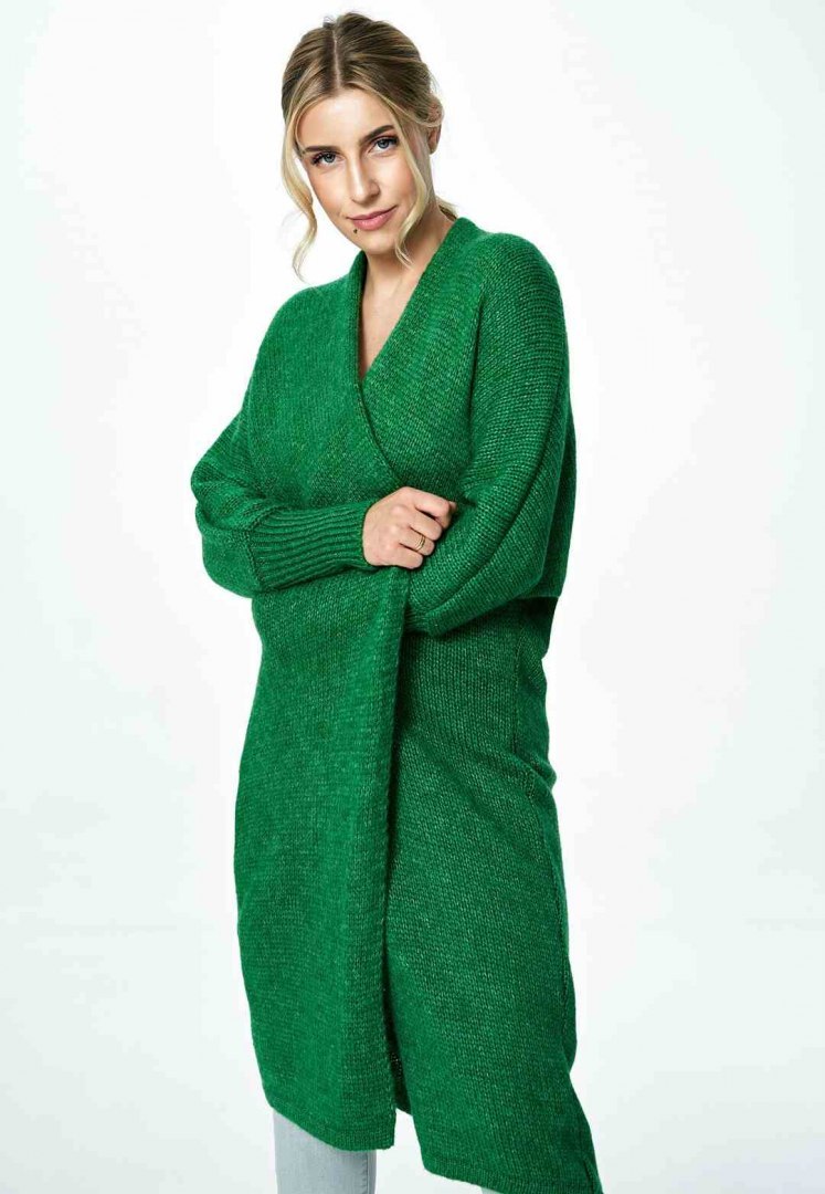 Sweter damski długi bez zapięcia z kimonowym rekawem ciemny zielony M885