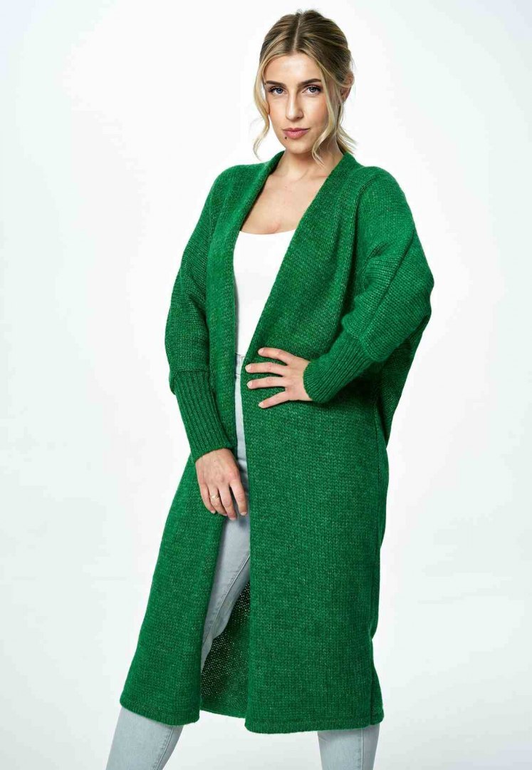 Sweter damski długi bez zapięcia z kimonowym rekawem ciemny zielony M885 Sweter damski długi bez zapięcia z kimonowym rekawem ciemny zielony M885