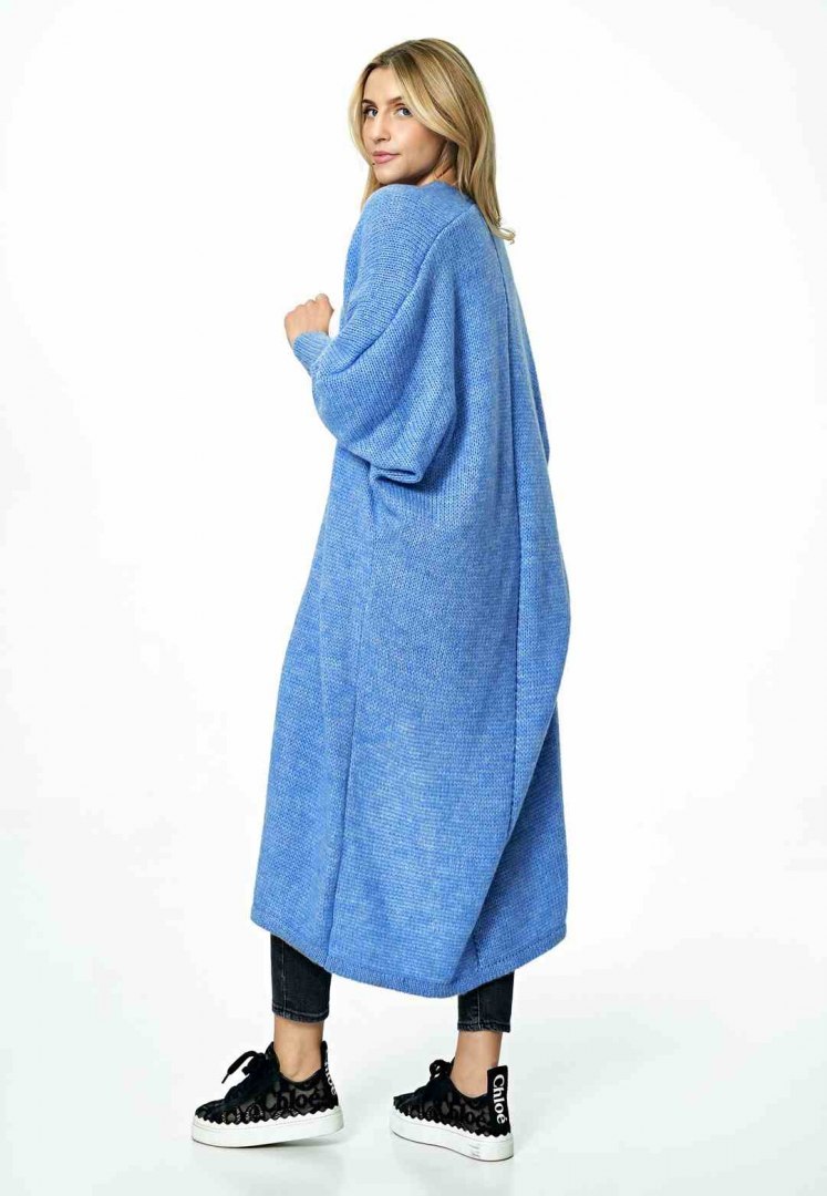 Sweter damski długi bez zapięcia z kimonowym rekawem niebieski M885