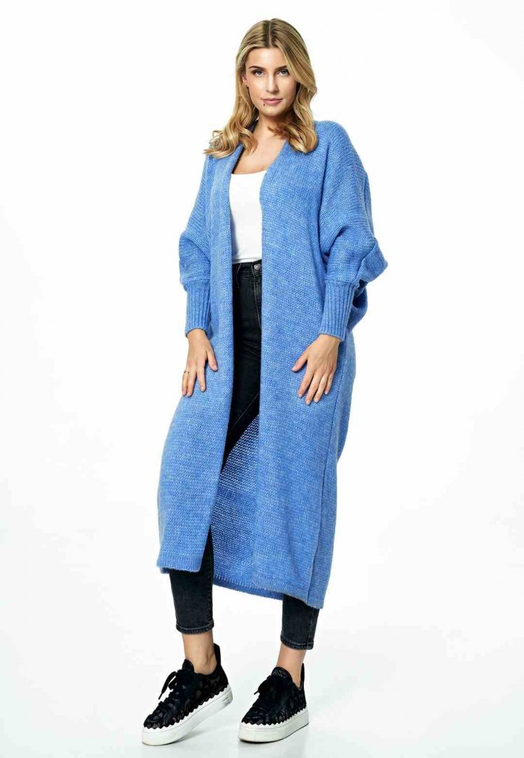 Sweter damski długi bez zapięcia z kimonowym rekawem niebieski M885