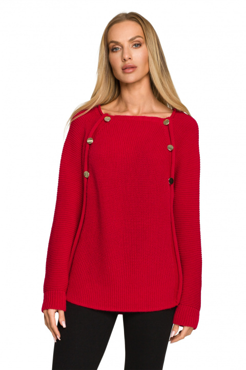 Sweter damski z ozdobnymi guzikami gładki splot malinowy me712 Sweter damski z ozdobnymi guzikami gładki splot malinowy me712