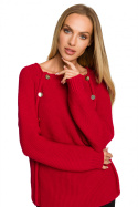 Sweter damski z ozdobnymi guzikami gładki splot malinowy me712
