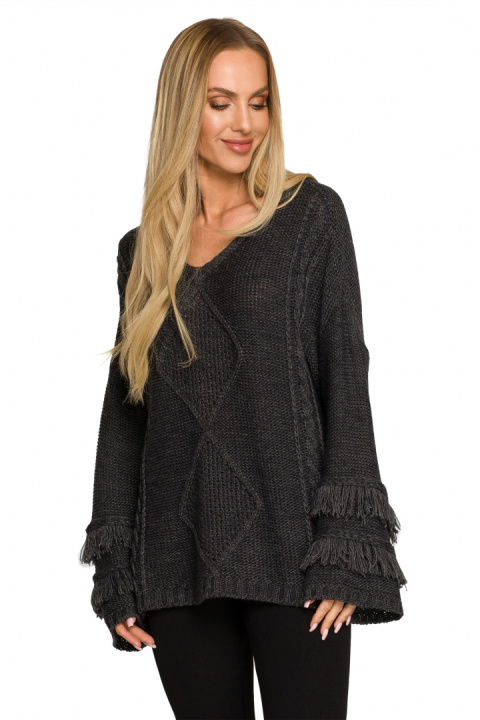 Sweter damski boho z szerokimi rękawami z frędzlami grafitowy me710 Sweter damski boho z szerokimi rękawami z frędzlami grafitowy me710