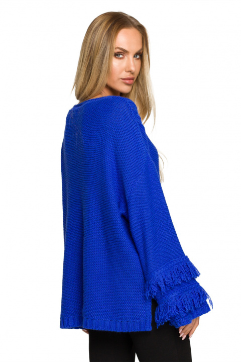 Sweter damski boho z szerokimi rękawami z frędzlami szafirowy me710 Sweter damski boho z szerokimi rękawami z frędzlami szafirowy me710