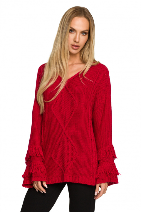 Sweter damski boho z szerokimi rękawami z frędzlami malinowy me710 Sweter damski boho z szerokimi rękawami z frędzlami malinowy me710