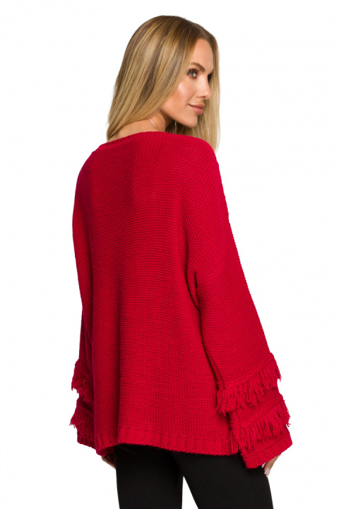 Sweter damski boho z szerokimi rękawami z frędzlami malinowy me710 Sweter damski boho z szerokimi rękawami z frędzlami malinowy me710