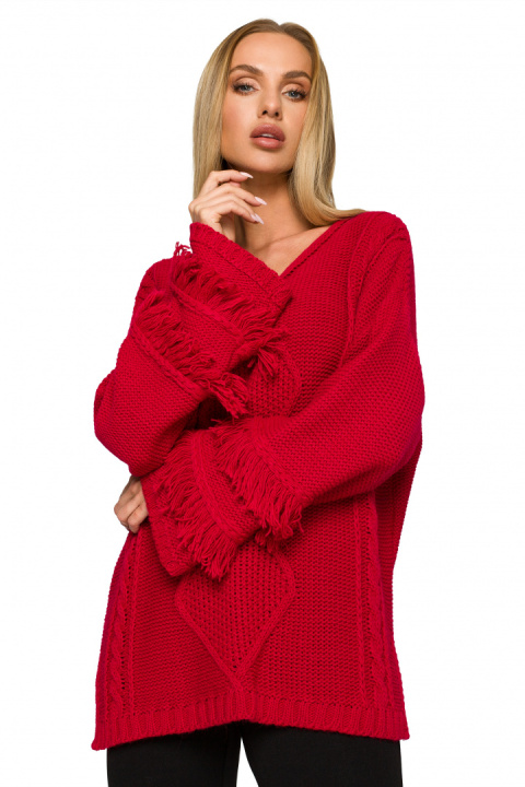 Sweter damski boho z szerokimi rękawami z frędzlami malinowy me710 Sweter damski boho z szerokimi rękawami z frędzlami malinowy me710