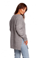 Długi sweter damski z dekoltem V rozcięcia po bokach szary BK087