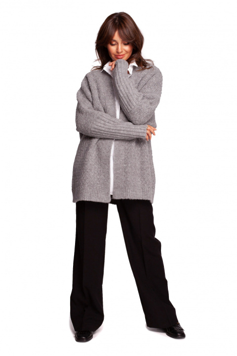 Kardigan damski oversize bez zapięcia z plisą szary BK088 Kardigan damski oversize bez zapięcia z plisą szary BK088