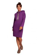 Sukienka midi dzianinowa z kapturem i długim rękawem purpurowa B238
