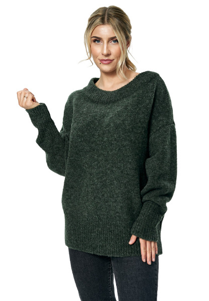 Sweter damski za biodra ze ściągaczem dekolt łódka ciemna oliwka M882 Sweter damski za biodra ze ściągaczem dekolt łódka ciemna oliwka M882