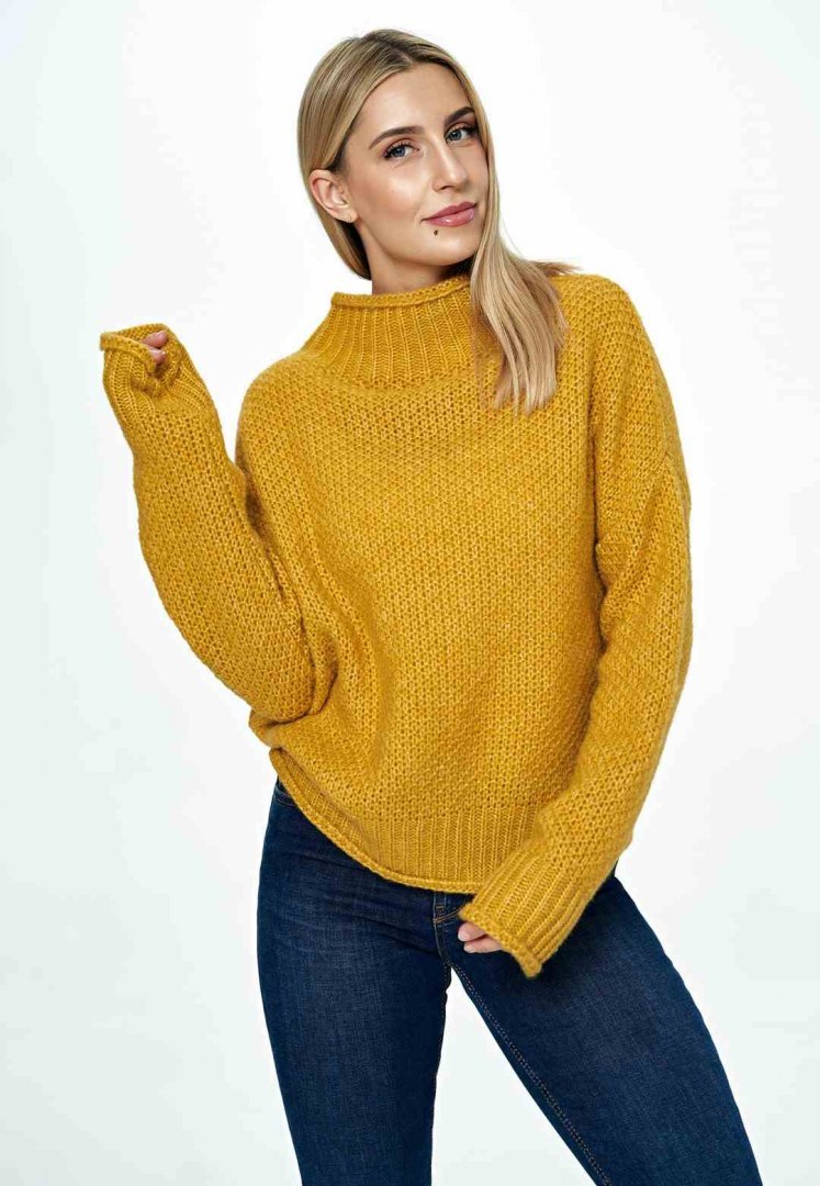 Sweter damski długi bez zapięcia z kimonowym rekawem musztardowy M886 Sweter damski długi bez zapięcia z kimonowym rekawem musztardowy M886