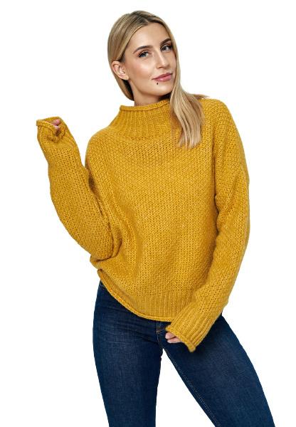 Sweter damski długi bez zapięcia z kimonowym rekawem musztardowy M886 Sweter damski długi bez zapięcia z kimonowym rekawem musztardowy M886