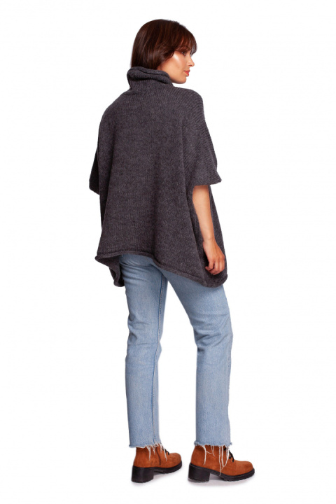 Sweter damski ponczo oversize z golfem krótki rękaw grafitowy BK084 Sweter damski ponczo oversize z golfem krótki rękaw grafitowy BK084