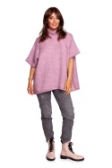 Sweter damski ponczo oversize z golfem krótki rękaw pudrowy BK084