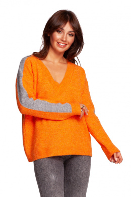 Sweter damski z dekoltem w serek i lampasami pomarańczowy BK093