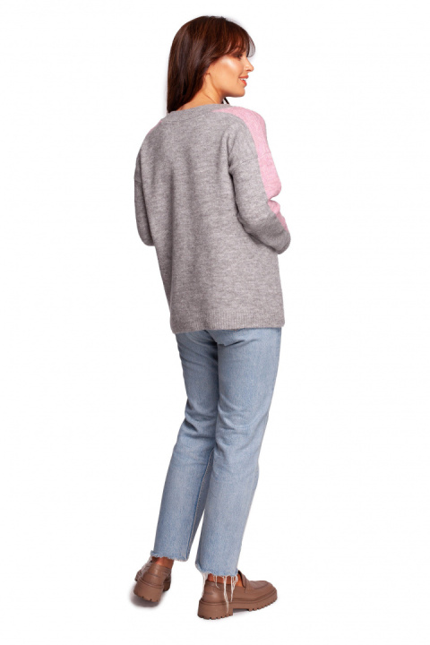 Sweter damski z dekoltem w serek i lampasami szary BK093 Sweter damski z dekoltem w serek i lampasami szary BK093