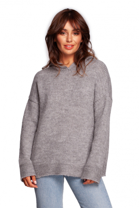Sweter damski z kapturem długość do bioder szary BK085 Sweter damski z kapturem długość do bioder szary BK085