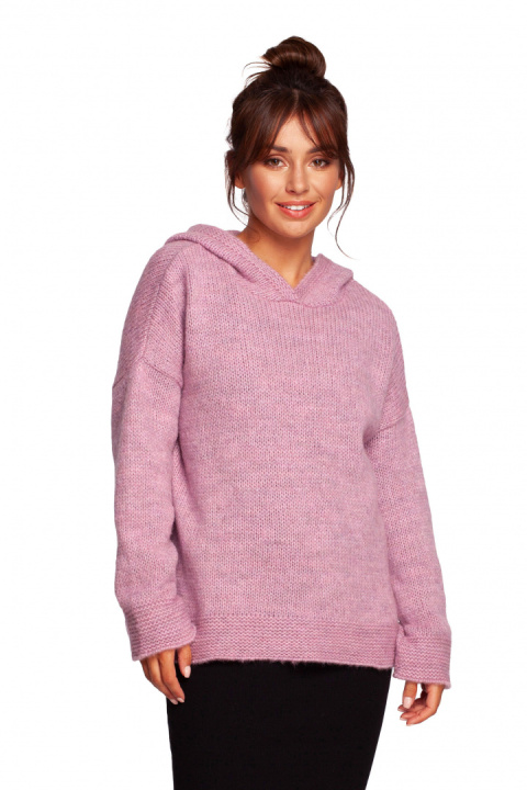 Sweter damski z kapturem długość do bioder pudrowy BK085 Sweter damski z kapturem długość do bioder pudrowy BK085