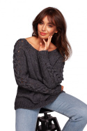 Sweter damski z szerokim dekoltem i warkoczem na rękawach szary BK090