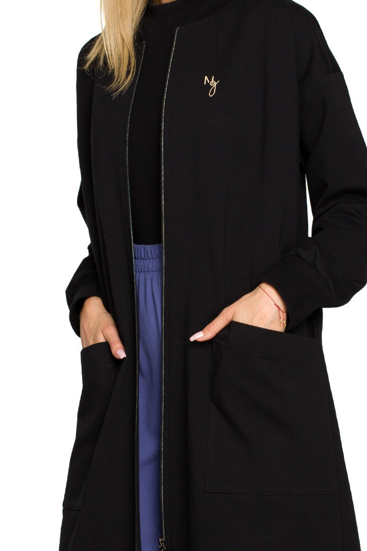 Bluza damska długa parka dzianinowa zapinana kieszenie czarna me694 Bluza damska długa parka dzianinowa zapinana kieszenie czarna me694