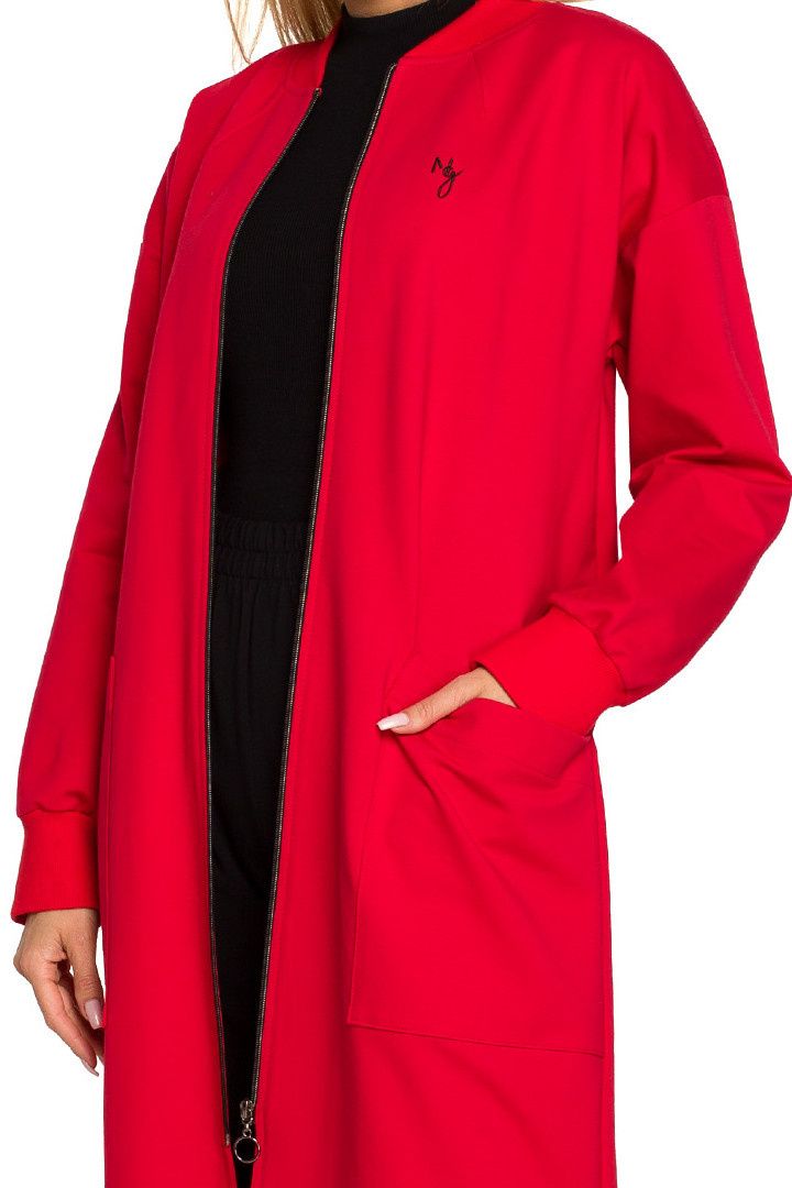 Bluza damska długa parka dzianinowa zapinana kieszenie czerwona me694 Bluza damska długa parka dzianinowa zapinana kieszenie czerwona me694
