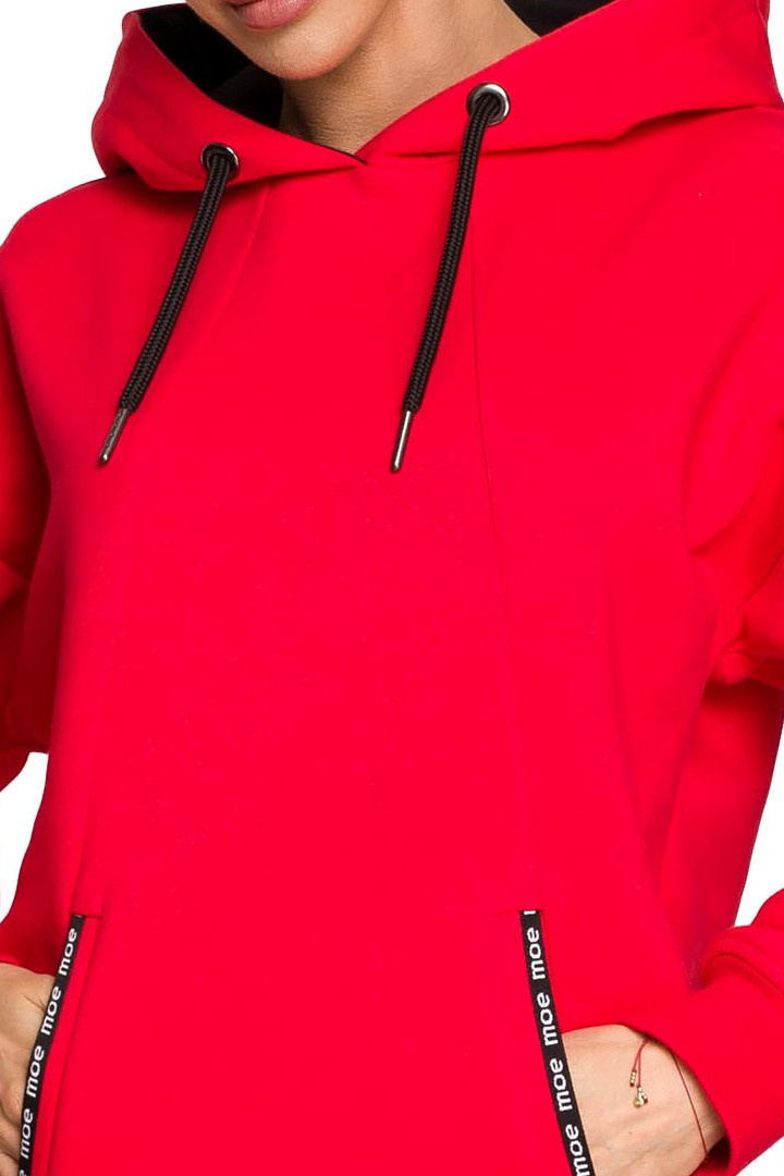 Bluza damska długa z kapturem dzianinowa z kieszeniami czerwona me696 Bluza damska długa z kapturem dzianinowa z kieszeniami czerwona me696