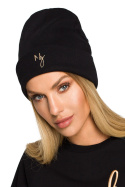 Czapka damska beanie prążkowana z haftem dzianinowa czarna me709