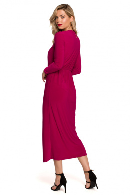 Sukienka maxi z rozcięciem w dekolcie długim i rękawem rubin K139