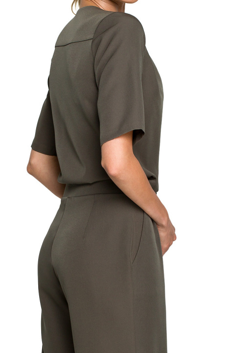 Elegancki kombinezon bez rękawów z szerokimi nogawkami khaki me702 Elegancki kombinezon bez rękawów z szerokimi nogawkami khaki me702