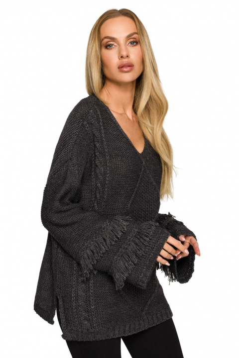 Sweter damski boho z szerokimi rękawami z frędzlami grafitowy me710 Sweter damski boho z szerokimi rękawami z frędzlami grafitowy me710