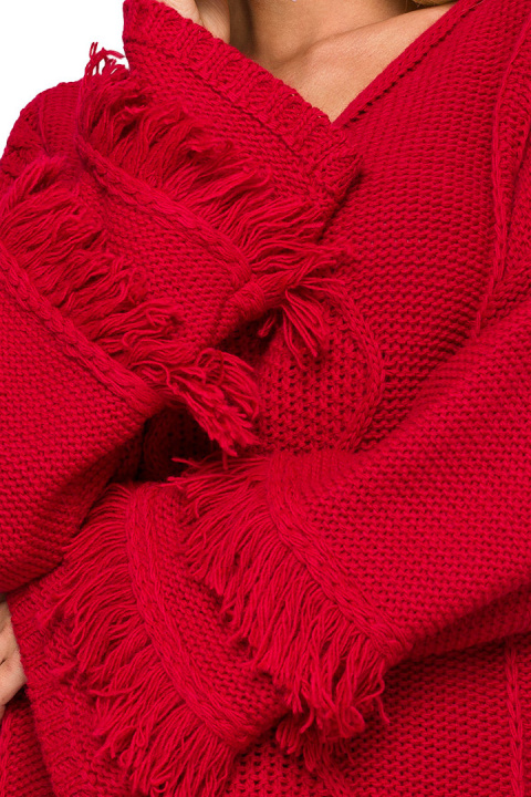 Sweter damski boho z szerokimi rękawami z frędzlami malinowy me710 Sweter damski boho z szerokimi rękawami z frędzlami malinowy me710