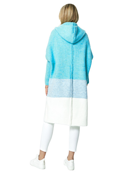 Sweter damski długi w pasy z kapturem bez zapięcia błękitny M883 Sweter damski długi w pasy z kapturem bez zapięcia błękitny M883