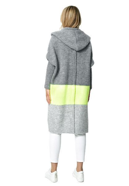 Sweter damski długi w pasy z kapturem bez zapięcia szary M883 Sweter damski długi w pasy z kapturem bez zapięcia szary M883
