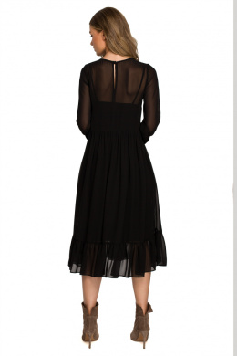 Sukienka szyfonowa midi z falbanką i długim rękawem czarna S319
