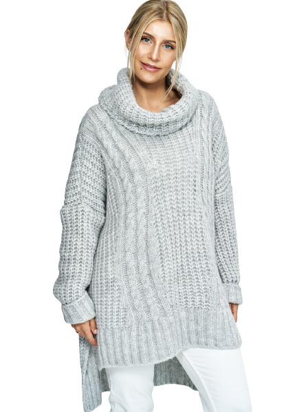 Sweter damski luźny z golfem i dłuższym tyłem jasny szary M892 Sweter damski luźny z golfem i dłuższym tyłem jasny szary M892