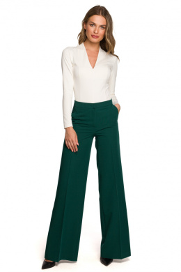 Spodnie damskie w kant z szerokimi nogawkami gładkie zielone S311