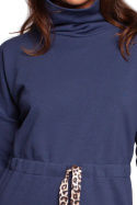 Bluza damska z kołnierzem i tasiemką w centki dzianinowa niebieska B236