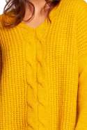 Długi sweter damski z dekoltem V rozcięcia po bokach miodowy BK087