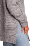 Długi sweter damski z dekoltem V rozcięcia po bokach szary BK087