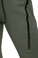 Spodnie damskie z ozdobnymi zamkami dzianinowe z gumką khaki B240